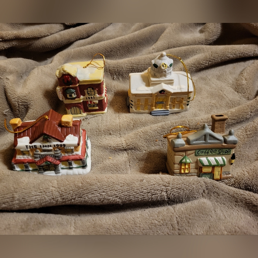 4 Badcock Collectible Charming Ceramic Christmas Bell Ornaments. Original Boxes.